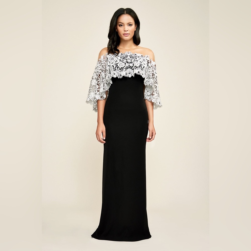 Tadashi Shoji Teagan Formal Gown Classic Black Sheath With Lace Overlay Size 10